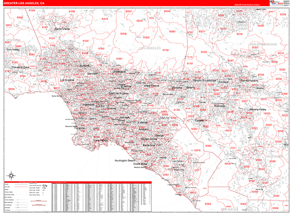 Greater Los Angeles Metro Area Wall Map Red Line Style